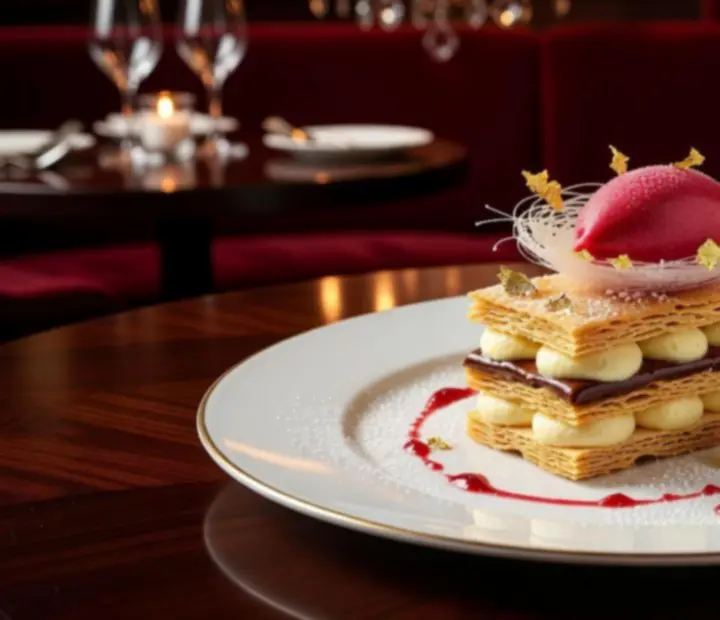 Desserts haute couture Terra Ciel dressés sur une table sombre et élégante.