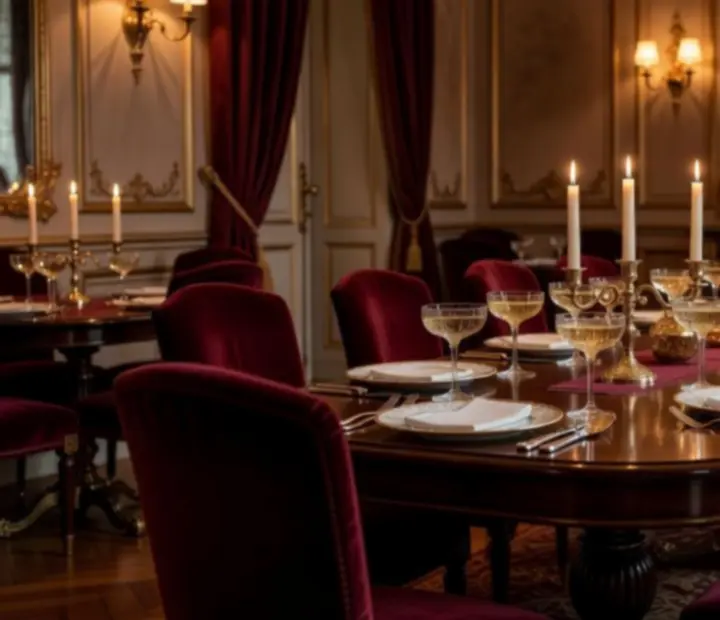 Table gastronomique élégante dans un décor feutré inspiré des grands salons