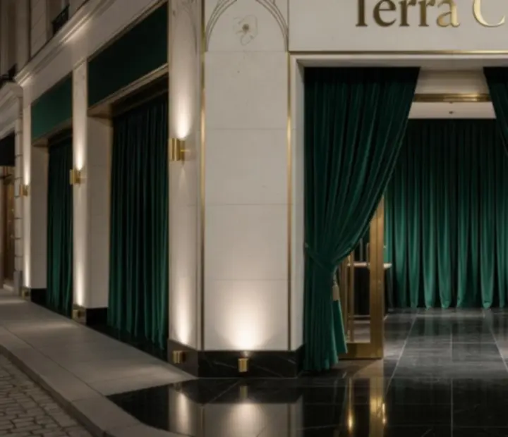Entrée raffinée de Terra Ciel, baignée d'une lumière tamisée accueillant les convives.