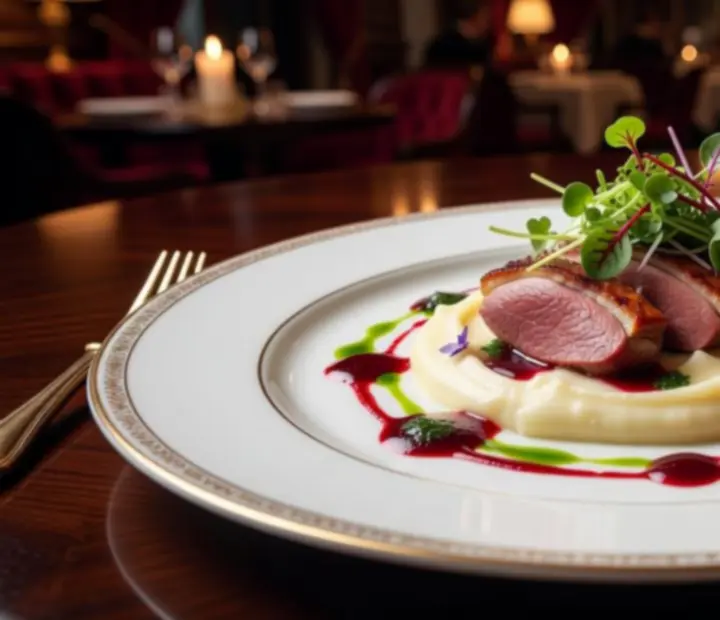 Assiette gastronomique Terra Ciel avec dressage contemporain et couleurs profondes.