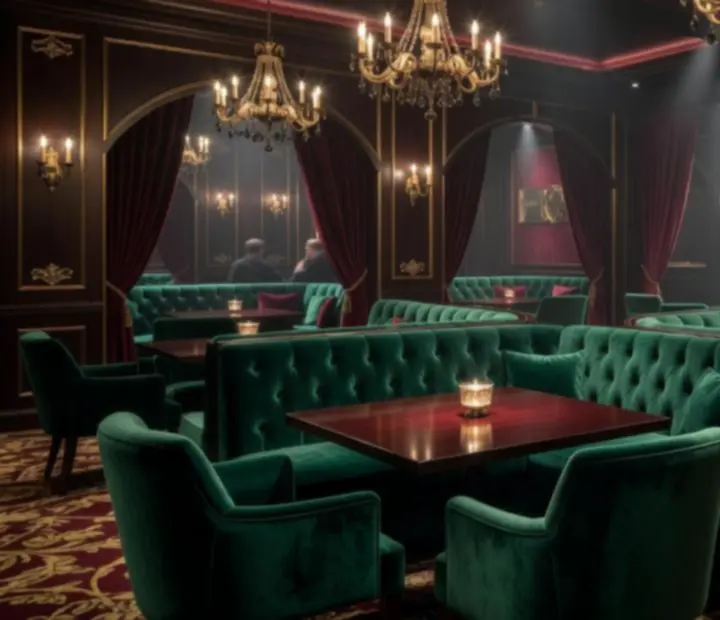 Intérieur feutré de Terra Ciel avec banquettes en velours et éclairages dorés